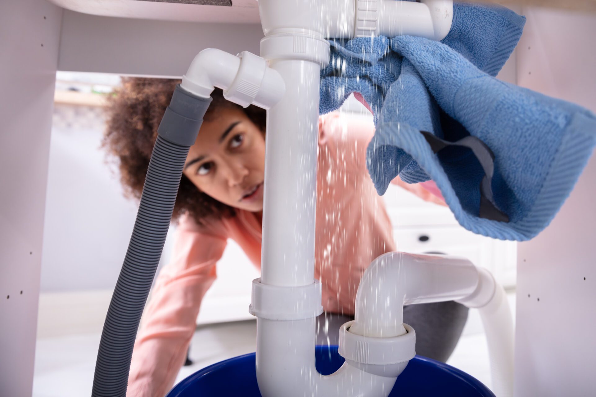 Woman Using Napkin Under Leakage Sink Pipe